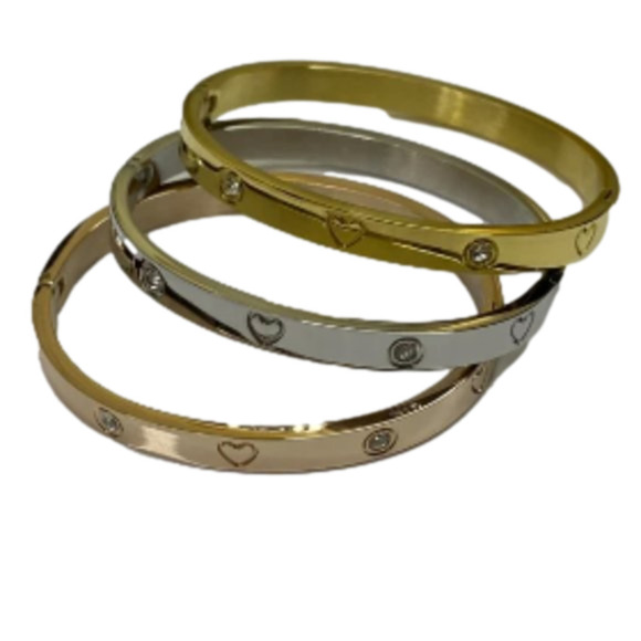 Stainless Steel Bangle with Cubic Zirconia & Engraved Hearts - Picture 4 of 5